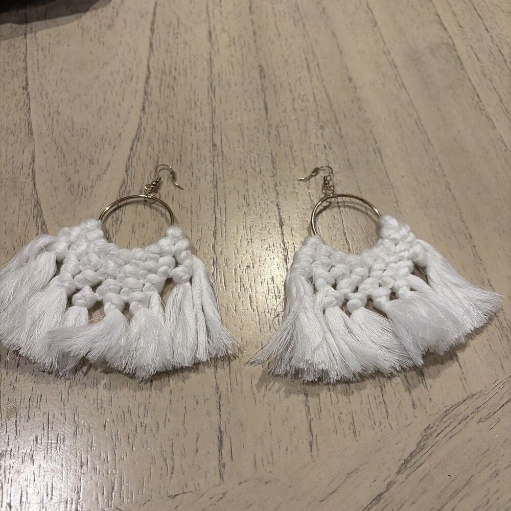 Macrame Woven Earring Boho Style Art Handmade White